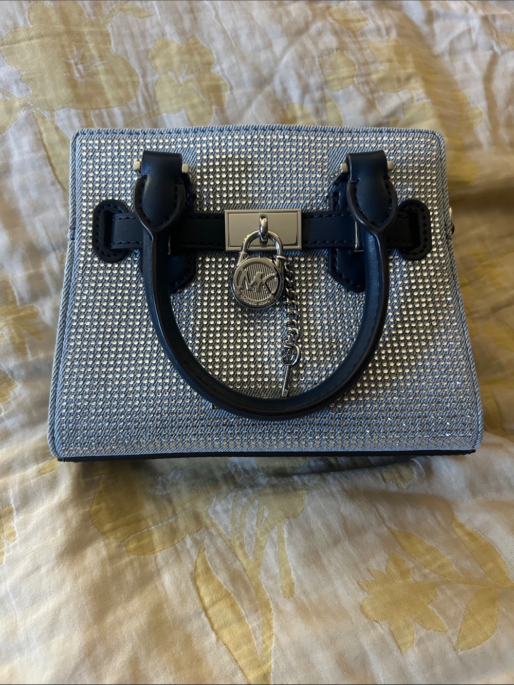 Michael Kors Silver Crystal Mini Hamilton Satchel with Navy Trim